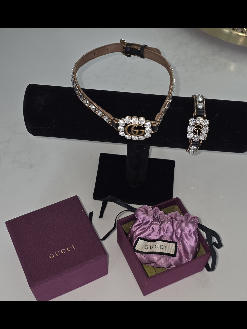 Gucci Crystal Embellished Leather Choker Black & Gold